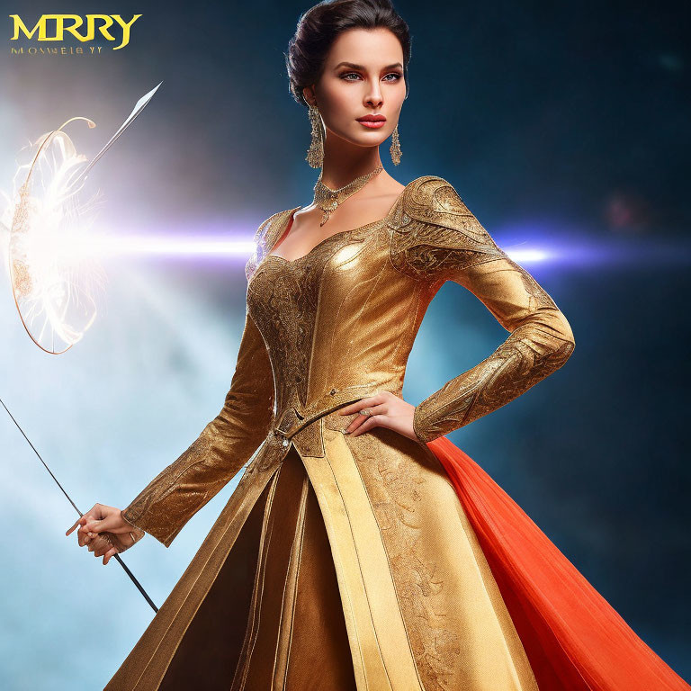 Regal woman in gold medieval dress with sword and glowing butterfly