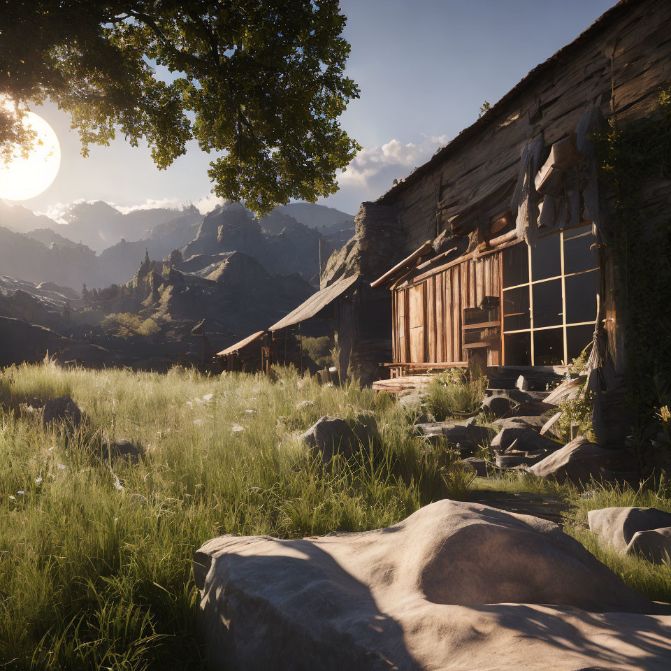 Rustic wooden cabin with large windows in grassy fields and mountain backdrop.