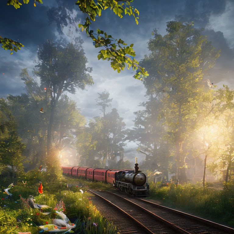 Scenic vintage train in forest with sunbeams, flowers, and butterflies