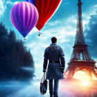 Person admires Eiffel Tower under colorful sky with hot air balloons in misty ambiance