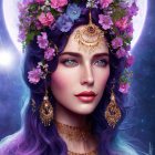 Illustration: Woman with Blue and Purple Hair, Floral Crown, and Golden Jewelry