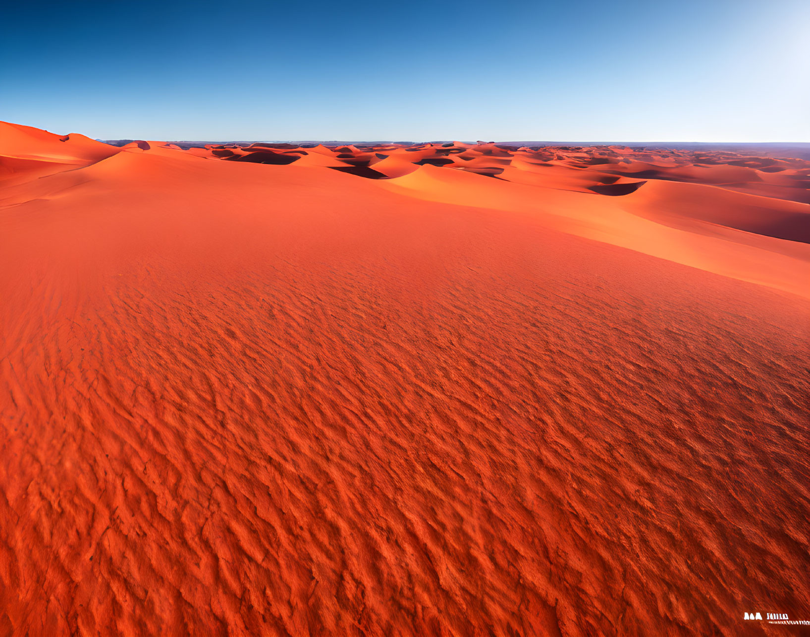 Red sand dunes in expansive desert landscape under clear blue sky