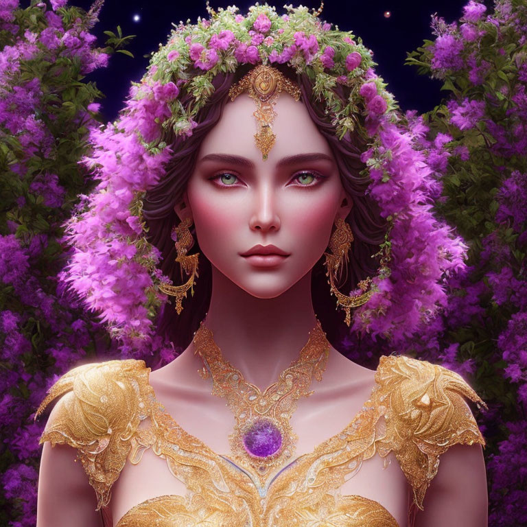 Digital Artwork: Woman in Gold Attire with Floral Crown in Purple Flower Setting