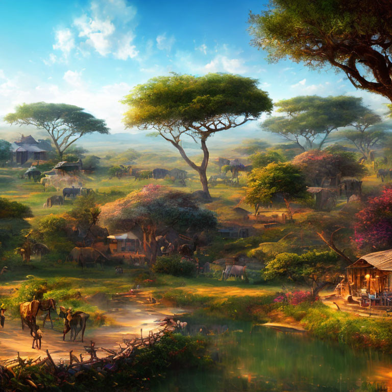 African landscape with village, elephants, and people under warm sunlight