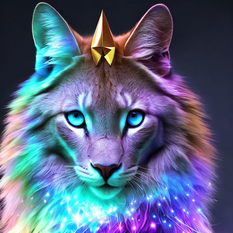 Colorful digital portrait of a mystical lion with neon rainbow mane and golden crown