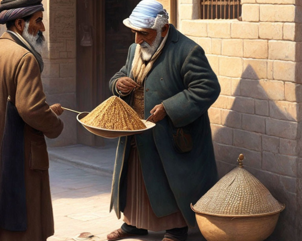 Elderly Men in Traditional Attire Inspecting Grains in Marketplace