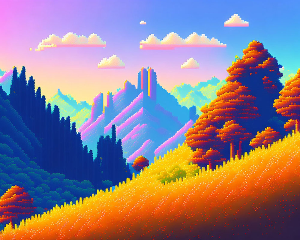 Colorful Pixel Art Landscape with Multicolored Trees and Purple Mountains