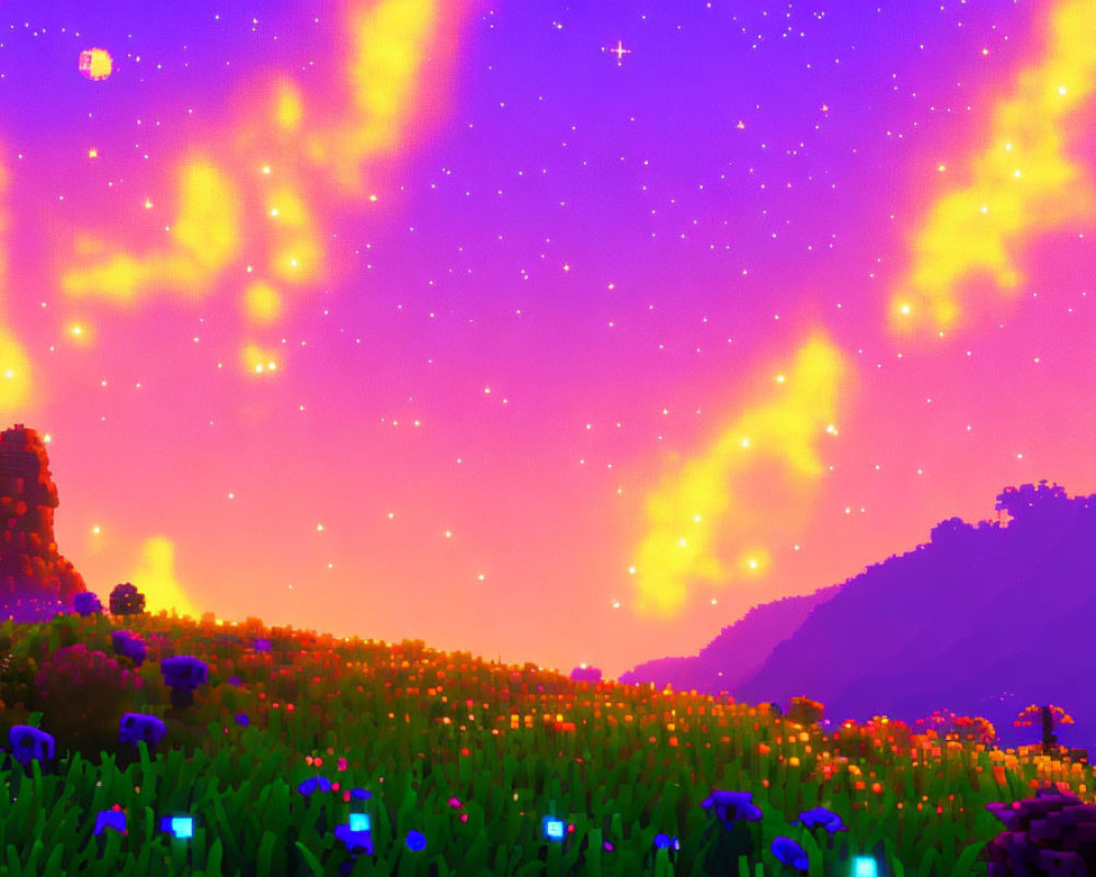 Colorful Sky Transitioning from Purple to Orange Over Pixelated Aurora and Blocky Flowers