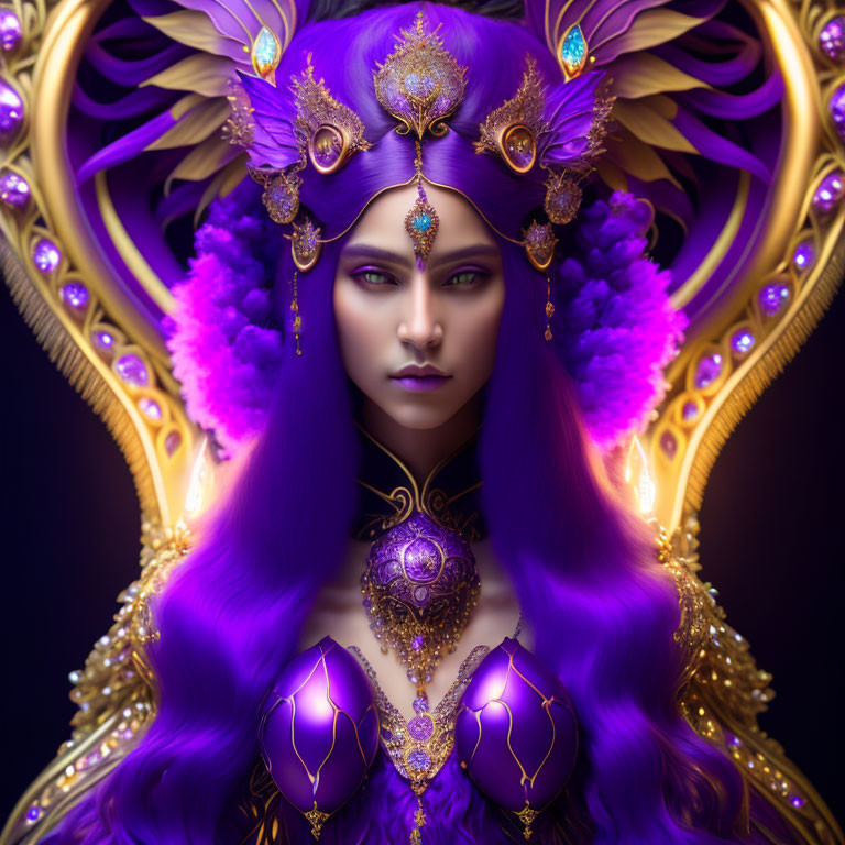 Majestic fantasy queen in gold and purple royal attire