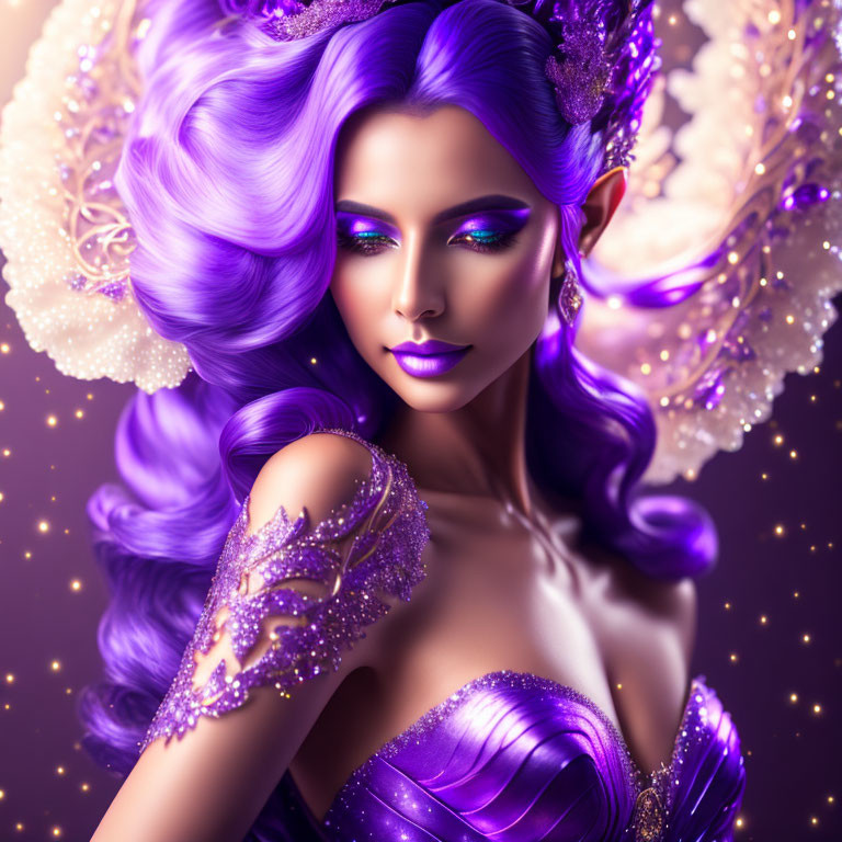 Fantasy illustration of woman with purple hair and elf ears in decorative outfit.