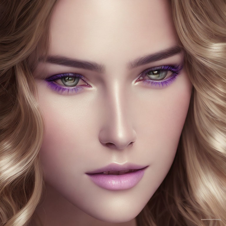 Woman's Portrait: Flawless Skin, Green Eyes, Purple Eyeshadow