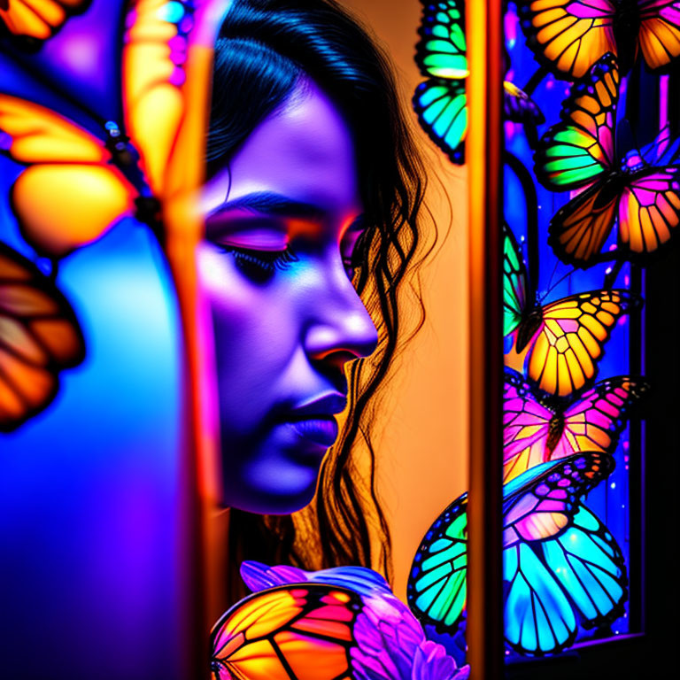 Contemplative woman with vibrant butterfly wings in blue and orange light