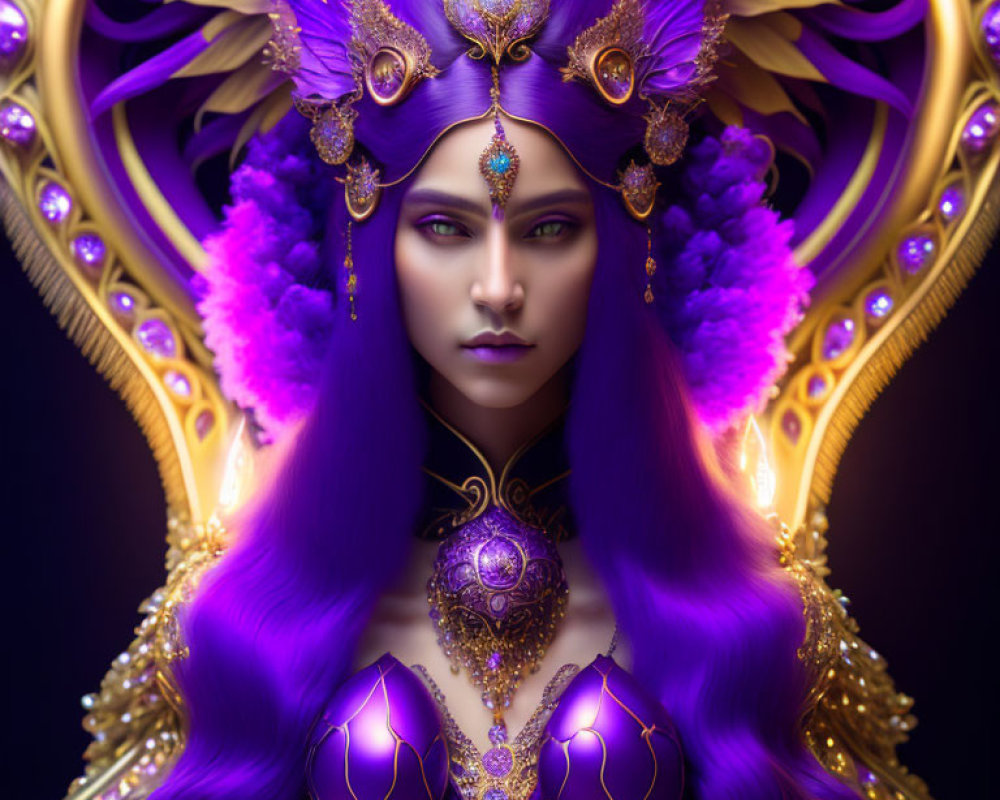 Majestic fantasy queen in gold and purple royal attire