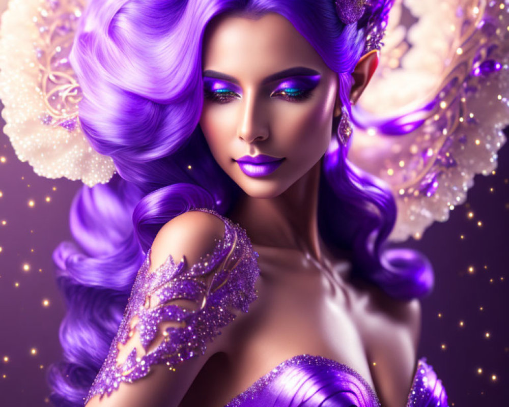 Fantasy illustration of woman with purple hair and elf ears in decorative outfit.