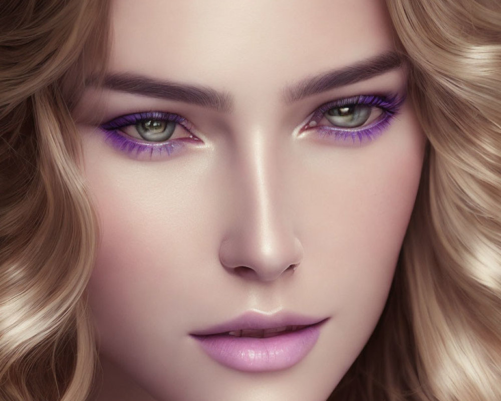 Woman's Portrait: Flawless Skin, Green Eyes, Purple Eyeshadow