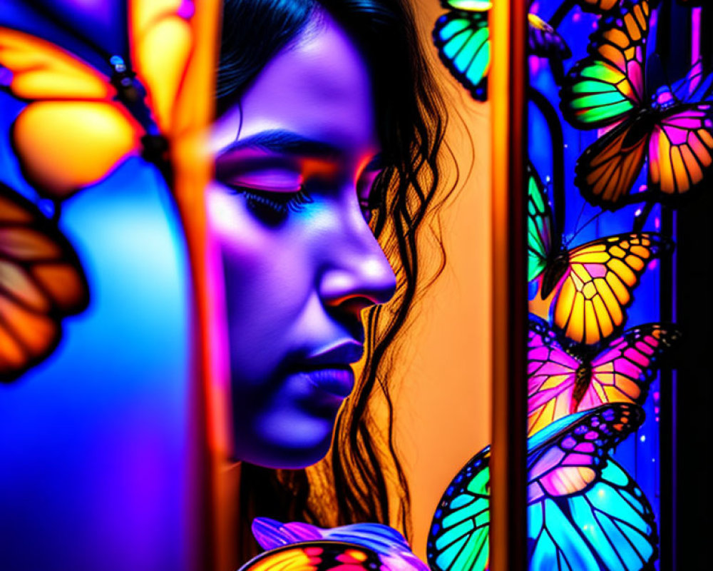 Contemplative woman with vibrant butterfly wings in blue and orange light