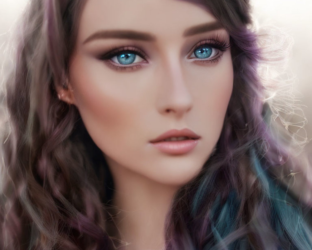 Portrait of woman with blue eyes and pastel hair transition