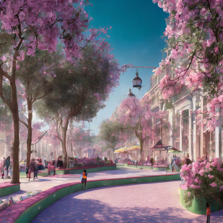 City street with cherry blossoms, vintage lamps, and European buildings