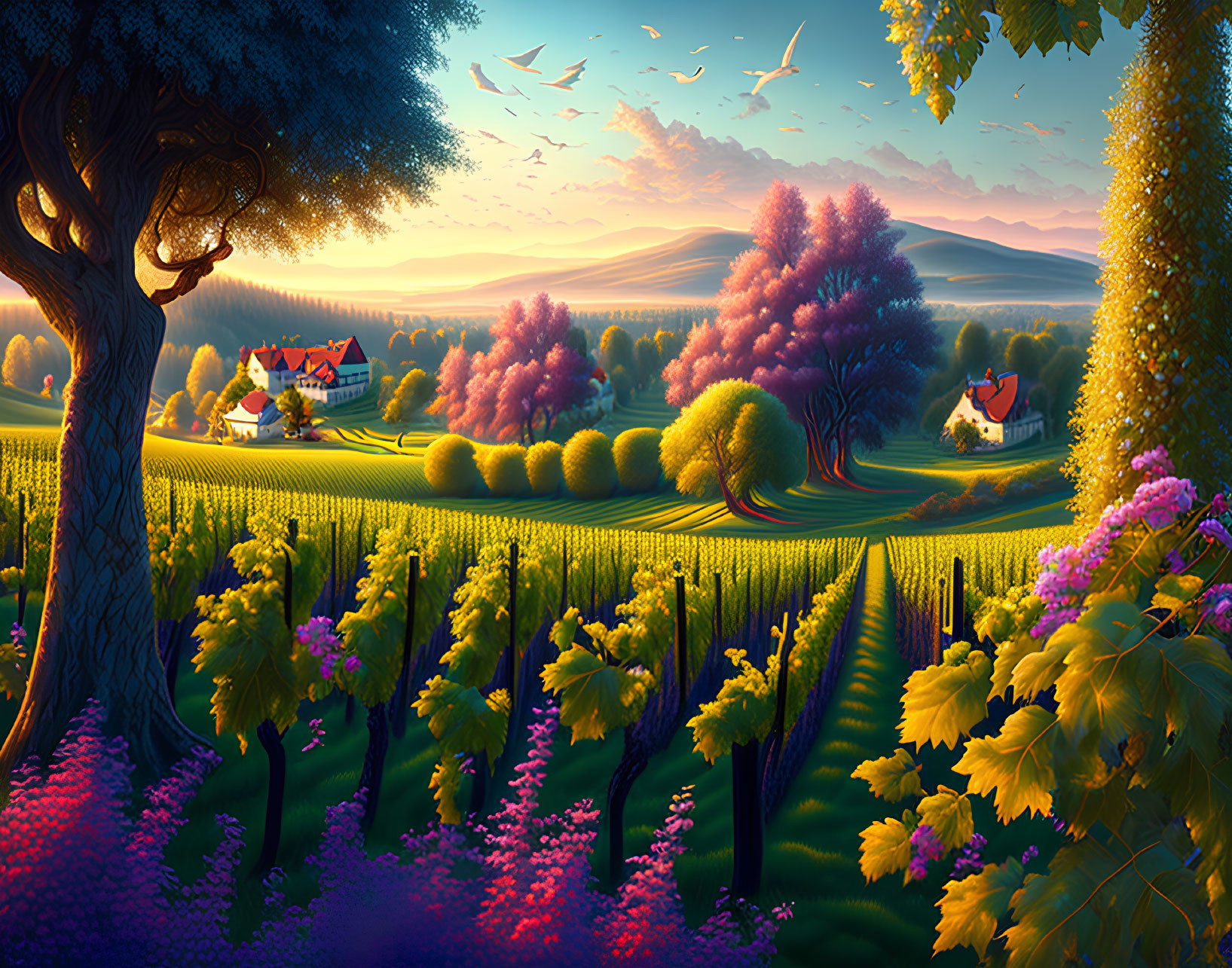 Vibrant Vineyards and Rolling Hills in Sunset Landscape