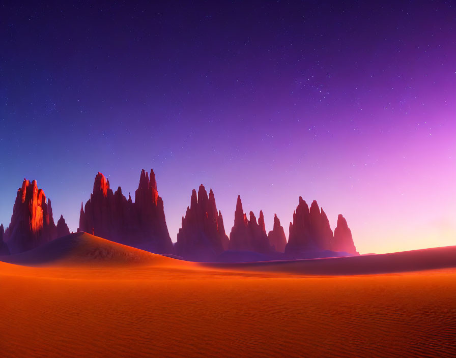 Desert Twilight Panorama with Majestic Rock Formations and Starry Sky