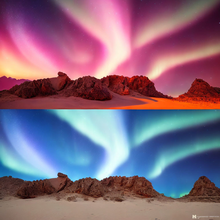 Desert landscape with vibrant auroras over rocky terrain