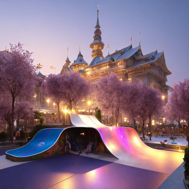 Skatepark with artistic ramp, pagoda-style building, and cherry blossoms at twilight