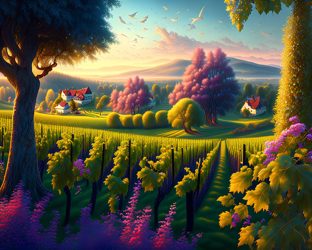 Vibrant Vineyards and Rolling Hills in Sunset Landscape