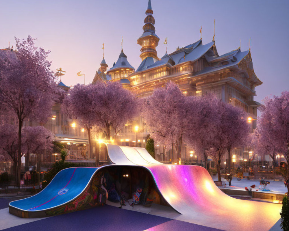 Skatepark with artistic ramp, pagoda-style building, and cherry blossoms at twilight