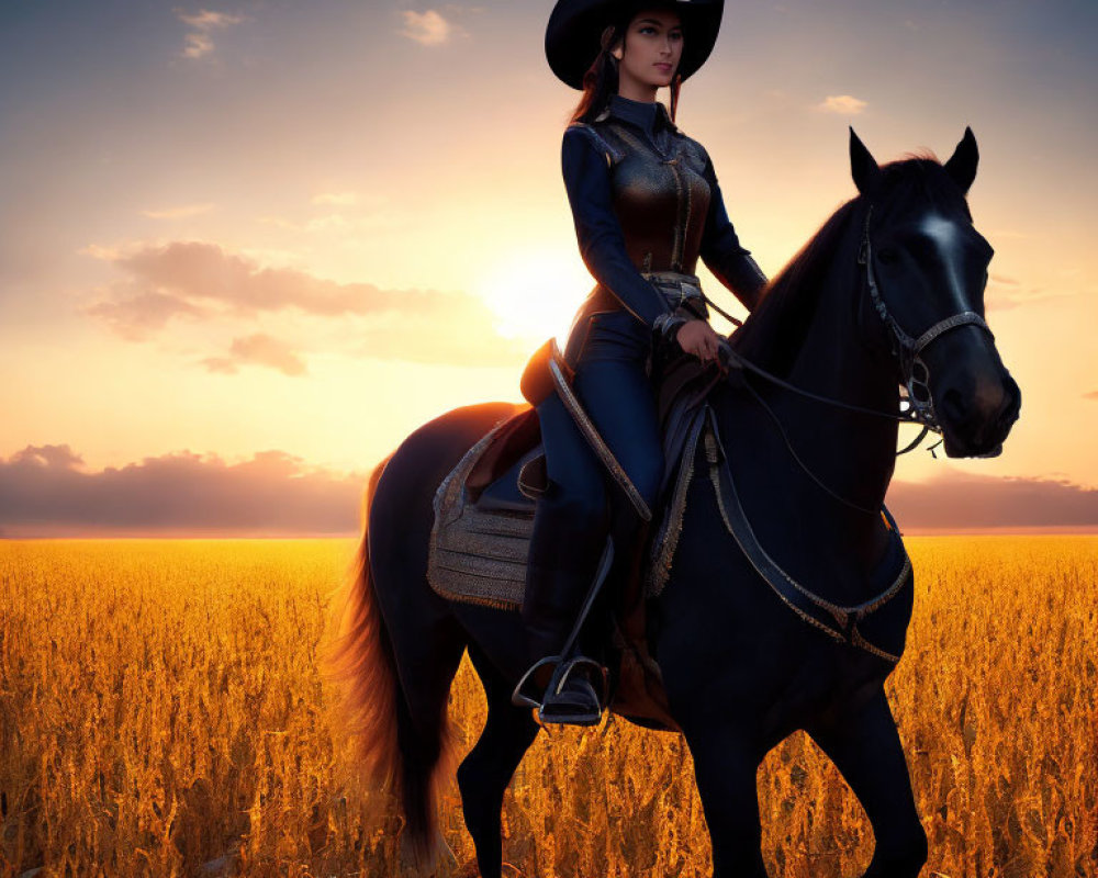 Cowgirl on Black Horse in Golden Field at Sunset