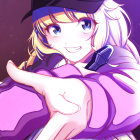 Golden-haired anime girl in black hat and purple cloak against cosmic backdrop