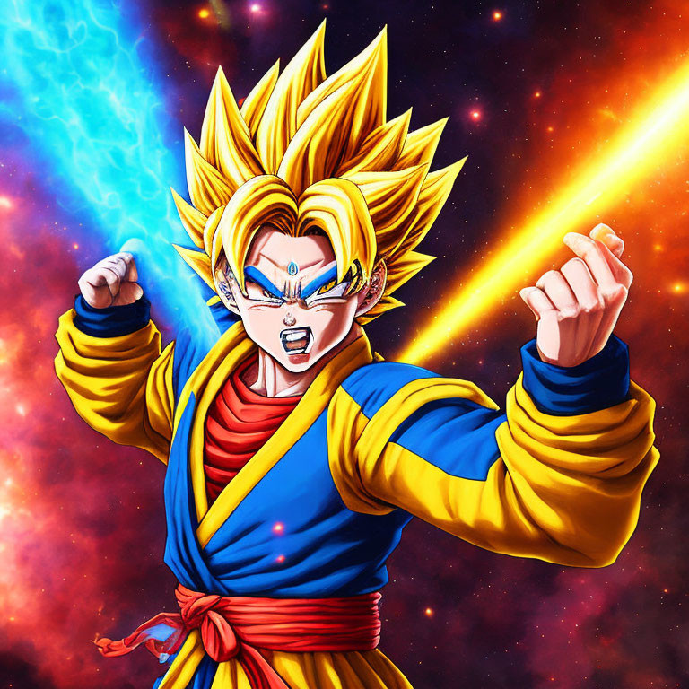 Muscular character with spiky hair in fighting stance with blue and yellow energy aura on cosmic backdrop