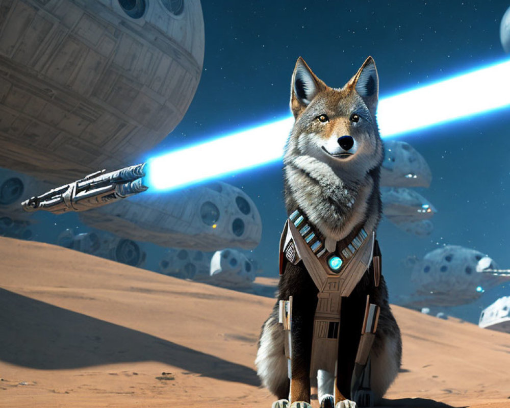 Futuristic fox with harness on desert planet with spaceships and moon
