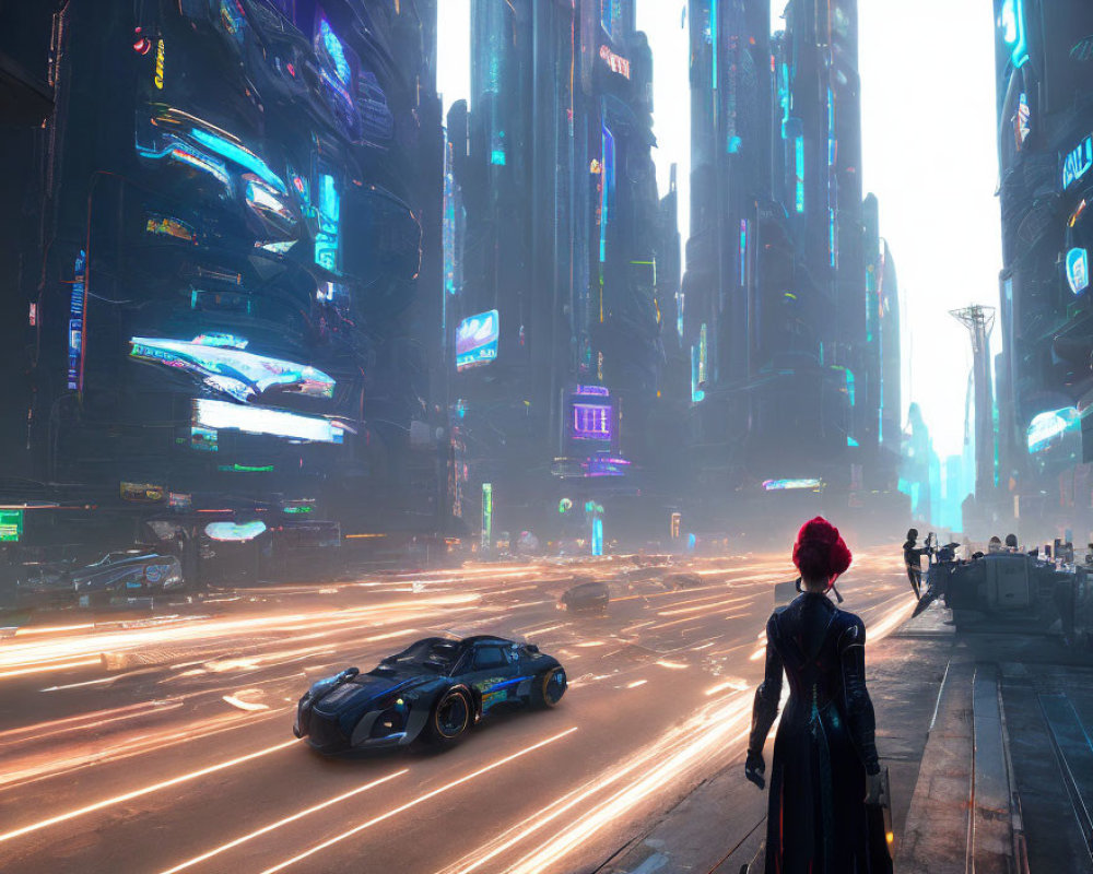 Futuristic cityscape with skyscrapers, neon signs, and bustling streets at dusk