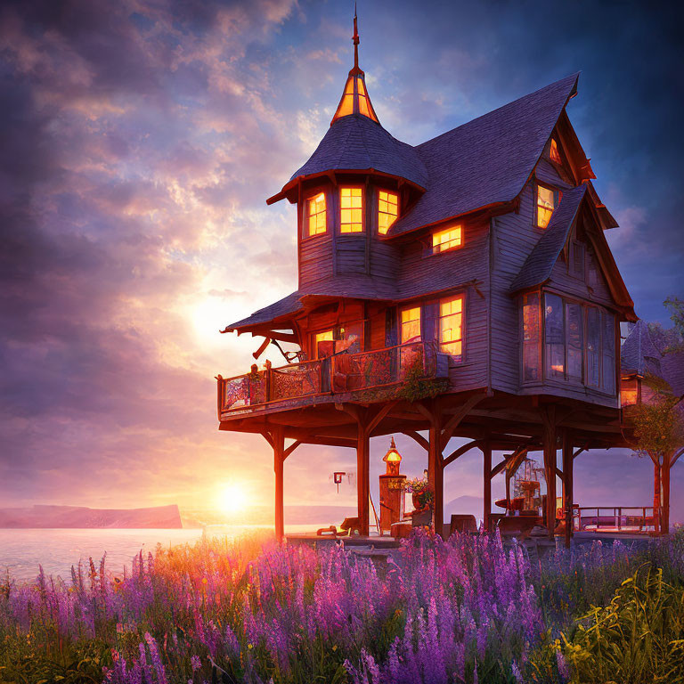 Wooden house on stilts in field of purple flowers at sunset with lake view