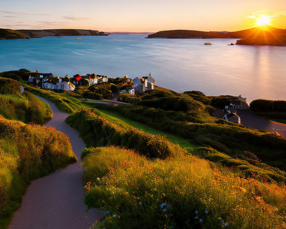 Scenic coastal village sunset with ocean view and winding road