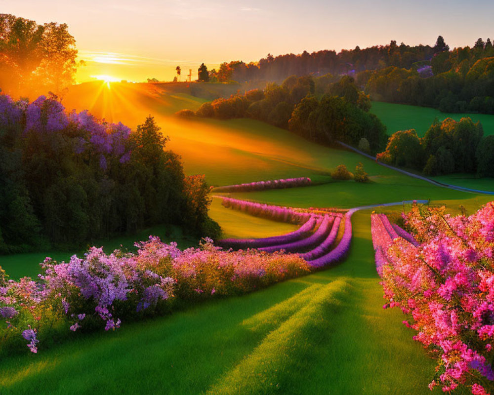 Scenic countryside sunset with purple flowers and green hills