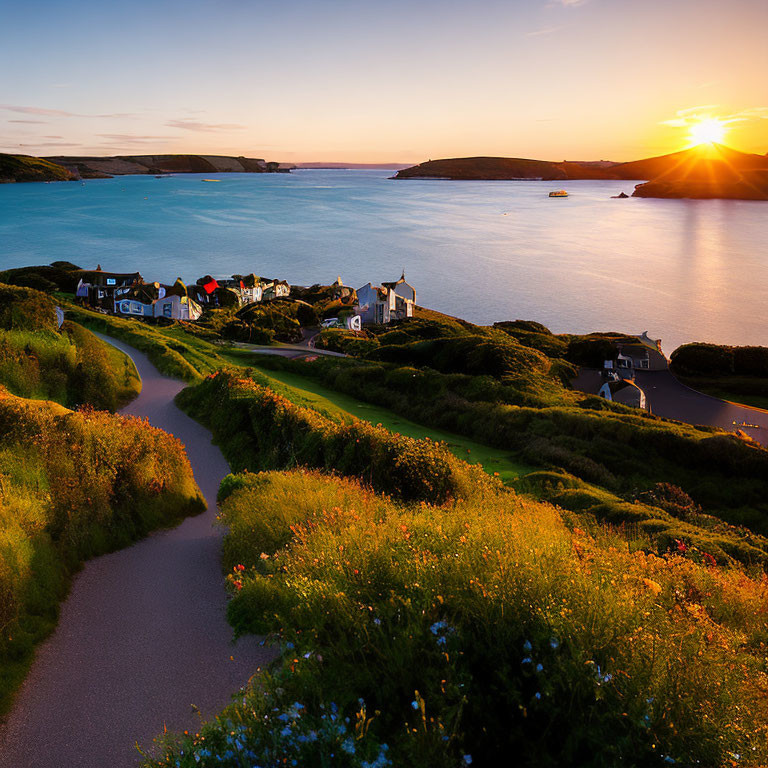 Scenic coastal village sunset with ocean view and winding road