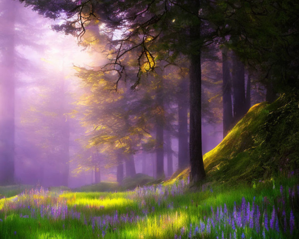 Sunlit mystical forest with purple wildflowers and misty ambiance