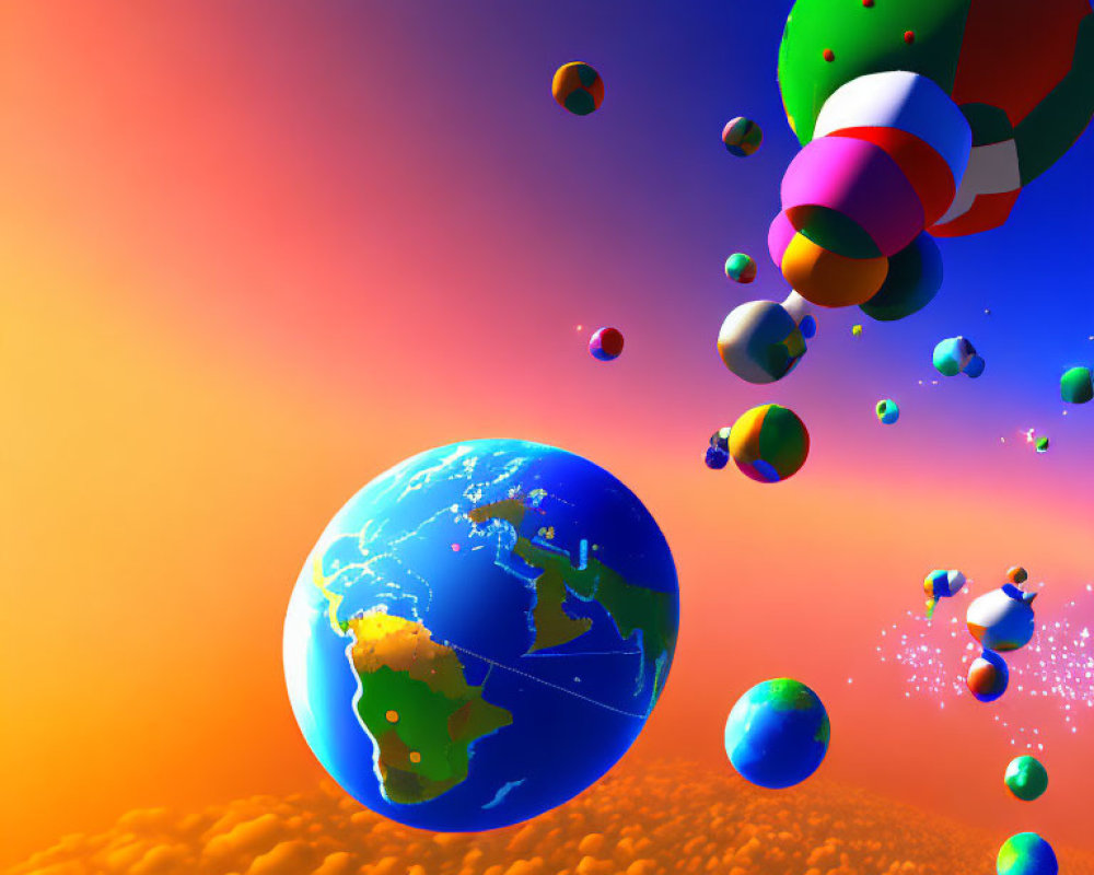 Multiple Earth-like planets and colorful spheres above orange landscape