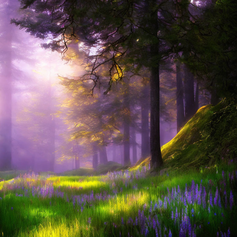 Sunlit mystical forest with purple wildflowers and misty ambiance