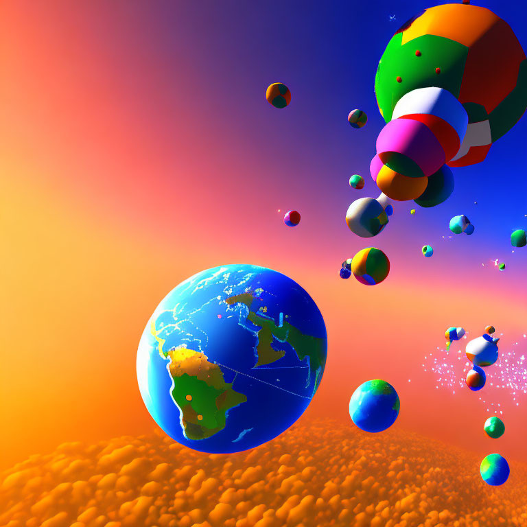 Multiple Earth-like planets and colorful spheres above orange landscape