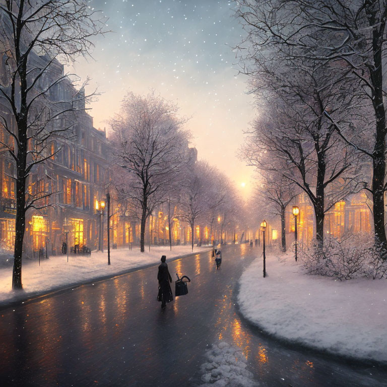 Snowy Evening Scene: People Walking Under Street Lamps in Urban Setting