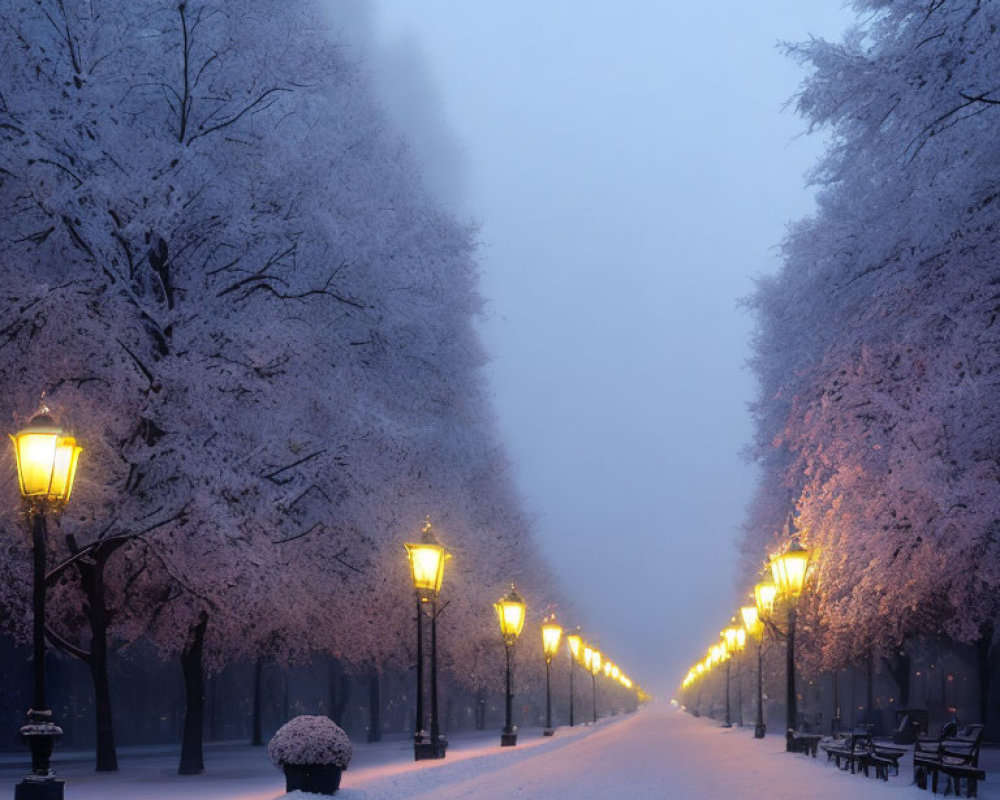 Snow-covered park path with glowing street lamps and frosty trees at dusk