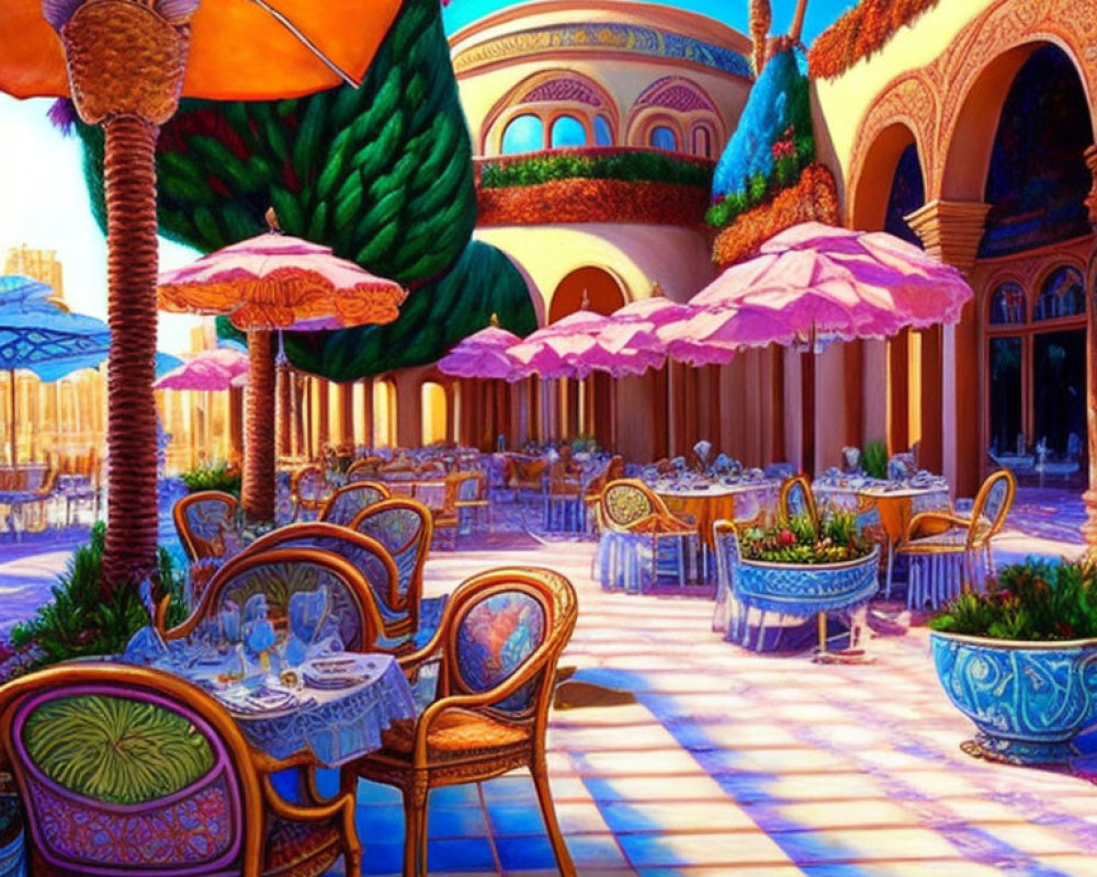 Vibrant Outdoor Dining Area with Pink Umbrellas and Middle Eastern Architecture