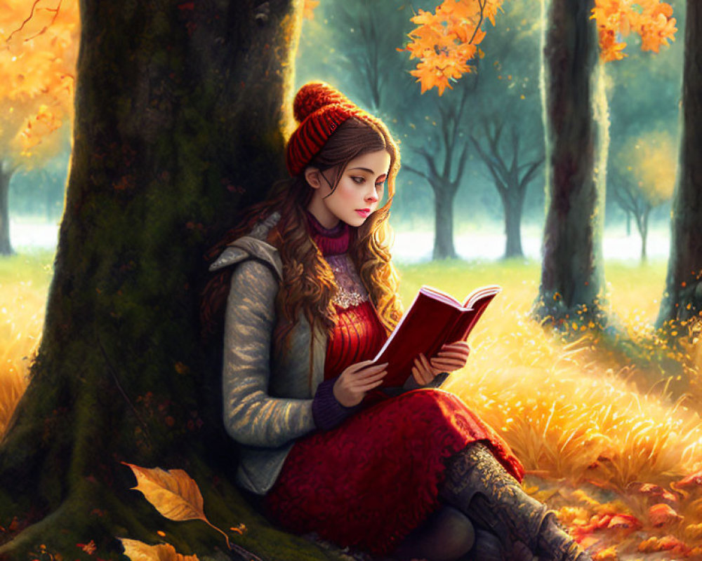 Woman Reading Book Under Tree Surrounded by Autumn Leaves