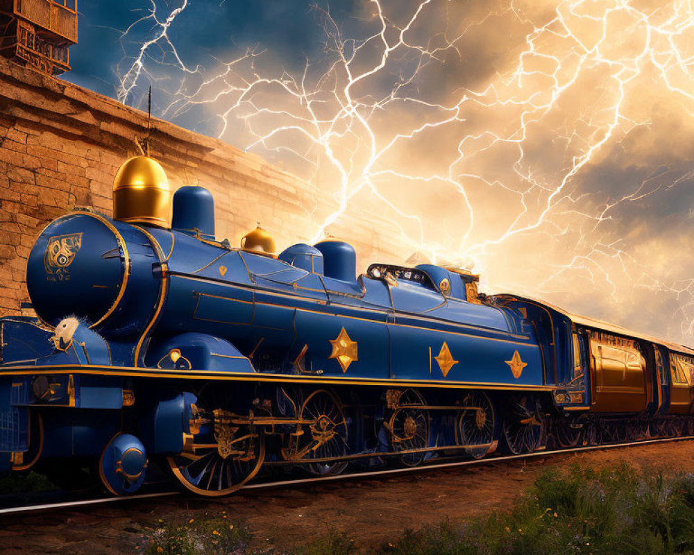 Blue and gold steam locomotive under electric storm with lightning bolts