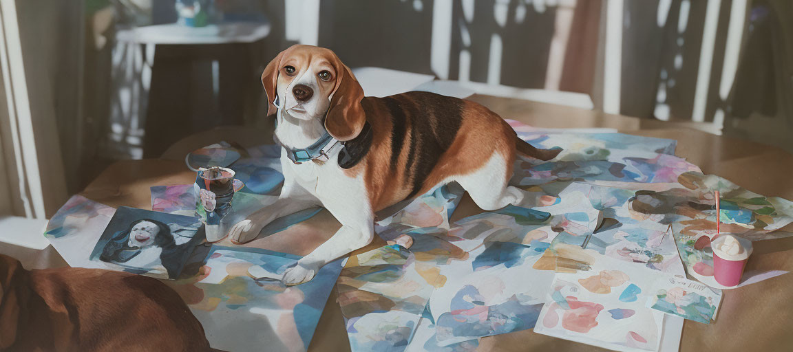 Beagle surrounded by watercolor paintings and art supplies