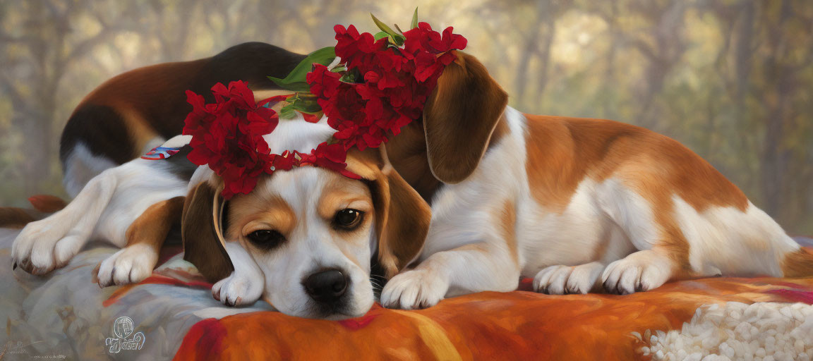 Beagle Dog with Red Flower Wreath on Warm Blanket