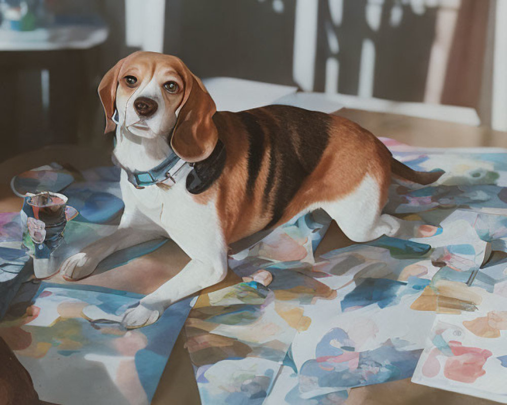 Beagle surrounded by watercolor paintings and art supplies