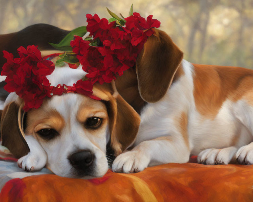 Beagle Dog with Red Flower Wreath on Warm Blanket